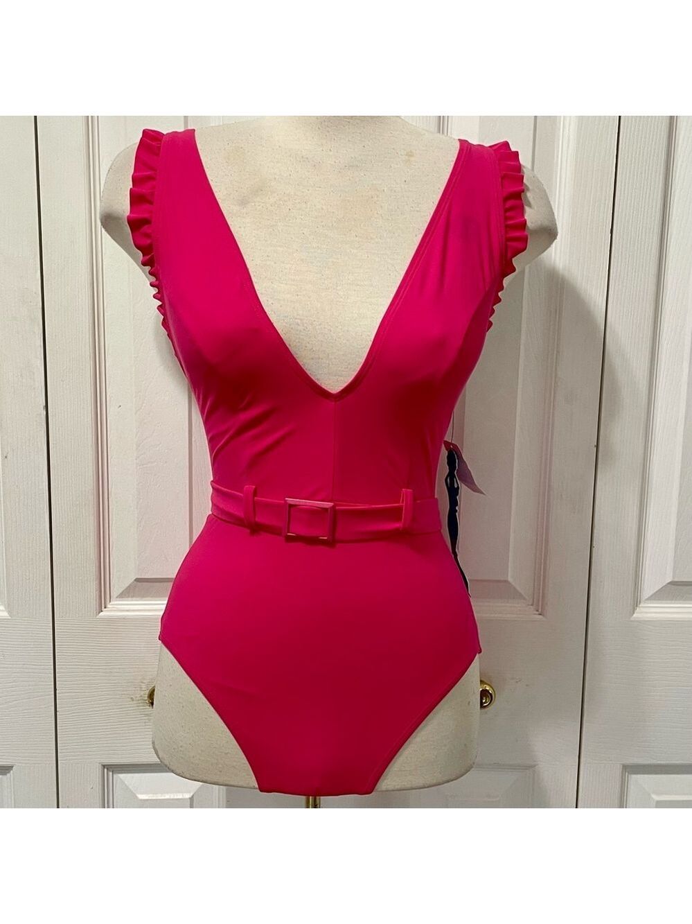 New Skinny Dipper Cinch Fuchsia Ruffled One Piece Swimsuit